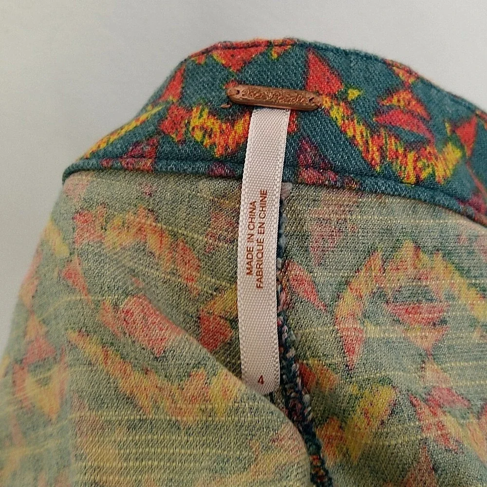 Free People Shorts Women 4 Teal Orange Geometric Ikat Linen Blend High Rise 1in